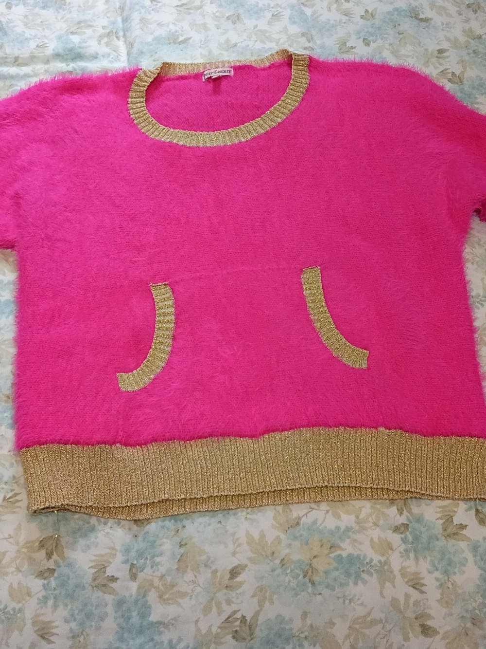Juicy Couture Y2K Eyelash Knit Hot Pink Sweater w/ Gold Trim - NWOT M